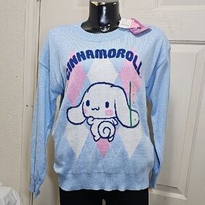 Sanrio Cinnamoroll Pastel Blue Crewneck Sweater with Pink & White Argyle